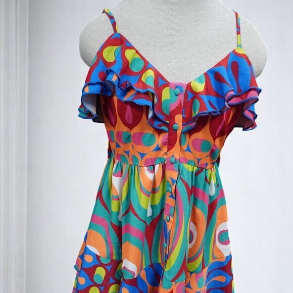 Vintage Missoni-Style Psychedelic Ruffle Mini Dress – Size S – Bold Y2K Festival - Picture 1 of 16